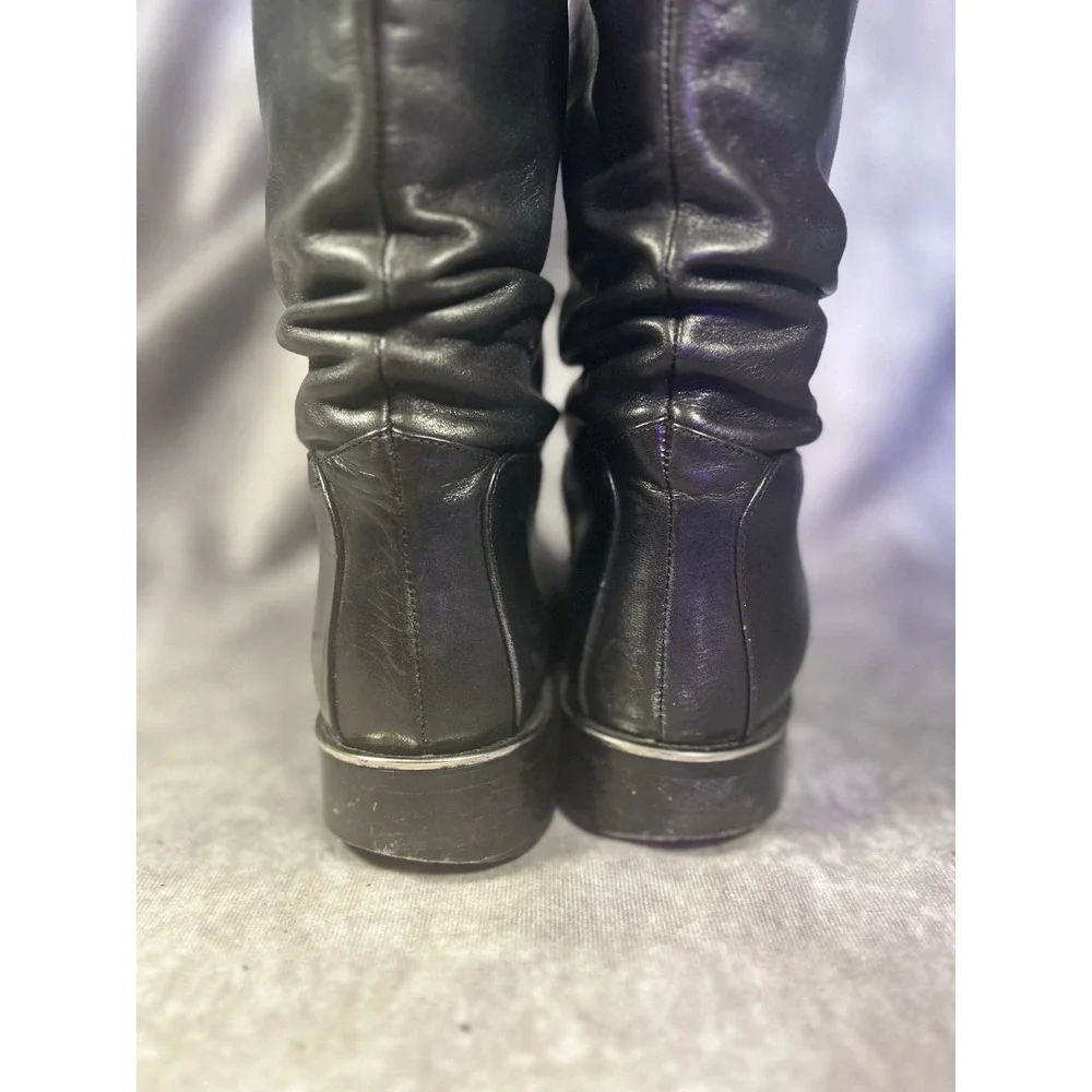 Italian Made Leather Knee High Riding Boots Women's 9B Black Pull On Ruched